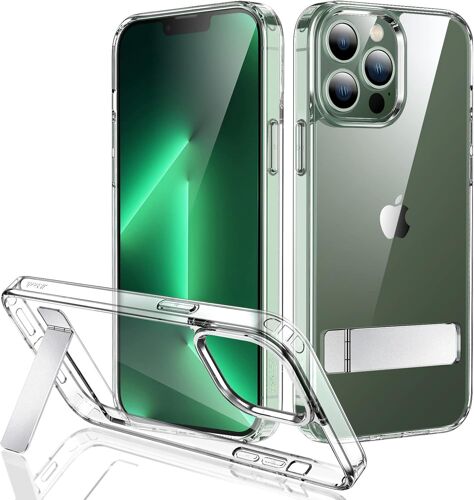 JGD-Coque Béquille pour iPhone 13 Pro, 6,1 Pouces, Compatible Charge sans Fil, Housse de Téléphone Antichoc Fine Mince, Support en Métal à 3 Voies (Transparente)