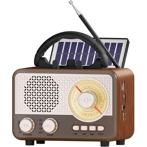 Radio Portable FM/AM/SW Enceinte Bluetooth Vintage Petite Radio à Piles Idee Cadeau Anniversaire Femme,Homme,Amie,Collegue Rétro Solaire avec Support pour Téléphone Decoration Chambre,Bureau