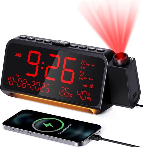 Radio-réveil numérique avec projection - Radio FM et minuterie d'arrêt automatique - Projecteur à 320° avec variateur d'intensité - Mode week-end - Double alarme, température et humidité Réveil fort