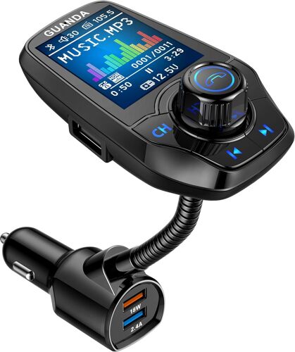 Transmetteur FM Bluetooth Voiture, Ecran Couleur 1,8"" MP3 Radio Adaptateur Bluetooth, Émetteur Kit Main Libre USB Chargeur Allume Cigare, Entrée Sortie AUX, Carte SD/TF Récepteur Bluetooth Voiture
