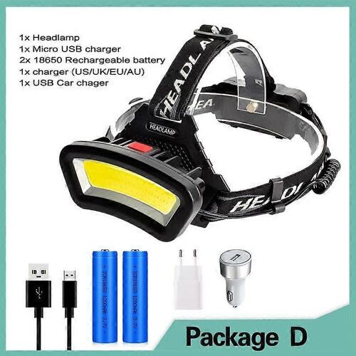Lampe Frontale Led Cob, Rechargeable Par Usb, Longue Portée De 200 M, Grand Angle, Lanterne Pour Randonnée, Usage Extérieur, 2 X 18650, 8 000 Lm-Paquet D