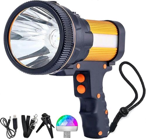 Lampe torche LED rechargeable, projecteur de recherche portatif, 7 000 lumens, avec sortie USB, alimentation mobile, étanche IP45, pour l'extérieur