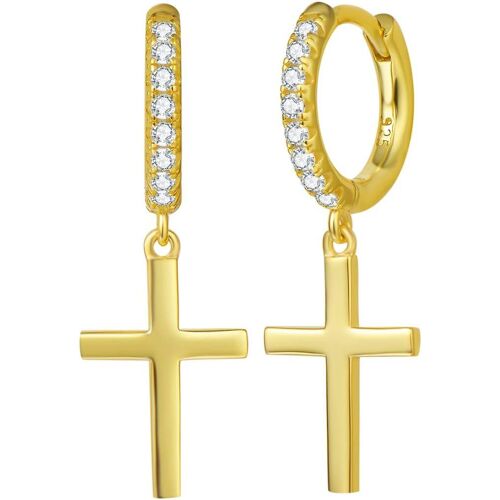 Women's Small Hoop Earrings In 925/1000 Sterling Silver White/Yellow Gold Plated With Cross Pendant Jewellery Gift For Women Girls Children ¿ Size: 30 X 10 Mm