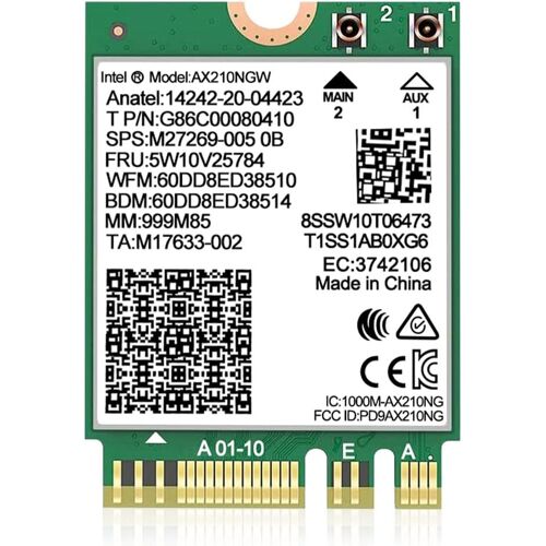Carte sans Fil WiFi 6E Intel AX210 NGW Bluetooth 5.2 Adaptateur réseau tri-Bande 5400Mbps pour Ordinateur Portable Support Windows 10/11 (64bit) M.2/NGFF