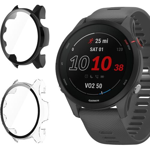 Coque Pour Garmin Forerunner 255 46mm, 2 Pièces Couverture Totale Pc Coque Anti-Rayure Bumper Protecteur Étui Con Protection Écran Verre Trempé 9h Dureté Haute Définition, Transparent+Noir
