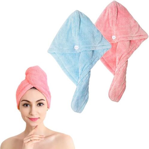 TIANYI-Serviette Microfibre Cheveux | Bouclés Super Absorbants, Séchage Rapide Avec Boutons, Anti-Frisottis, Rose + Bleu