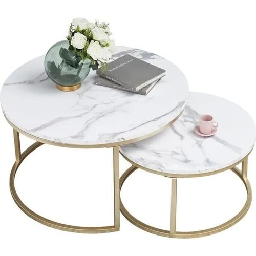Table Basse Ronde - Bois Marbre Et Pieds Métal - Table Basse Gigogne - D 80/60 X H 45/33 Cm