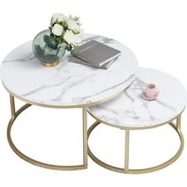 Table Basse Ronde - Bois Marbre Et Pieds Métal - Table Basse Gigogne - D 80/60 X H 45/33 Cm
