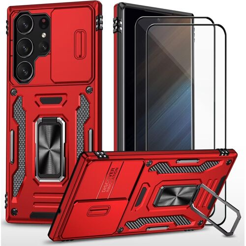 TRAHOO-Coque pour Samsung Galaxy S25 Ultra étui avec 2 Verre Trempé Support magnétique Armure Robuste Antichoc Silicone avec Couvercle de caméra Coulissant Bumper-Rouge