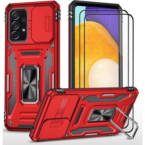 KAL-Coque Pour Samsung A53 5G Étui Avec 2 Verre Trempé Support Magnétique Armure Robuste Antichoc Silicone Avec Couvercle De Caméra Coulissant Bumper-Rouge