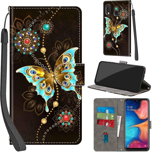 KAL-Coque Pour Samsung Galaxy A20E, Etui Protection Housse Premium En Cuir Pu Portefeuille, [Ranges Cartes] [Fonction Support] Pochette Pour Samsung A20E, Papillon Vert