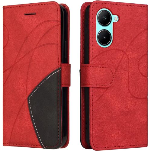 KAL-Housse Pour Telephone Realme C33 Etui, Pu/Tpu Rétro Retourner Cuir Coque Magnétique Anti Chute Portefeuille Protection Case Cover, Rouge
