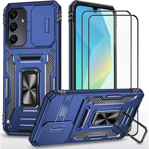 Coque Silicone Bleue Pour Samsung Galaxy A16 5g + 2 Verres Trempés - Cache Caméra Coulissant, Bumper Tpu, Anneau Rotatif 360° Et Aimantable Pour Voiture