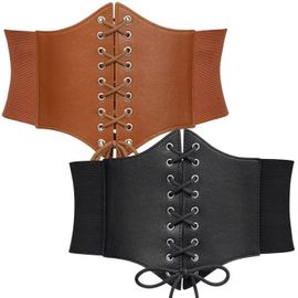 Lot De 2 Ceintures Élastiques À Nouer Pour Femme, Larges Lacets, Corset Pour Halloween (Noir Et Marron)