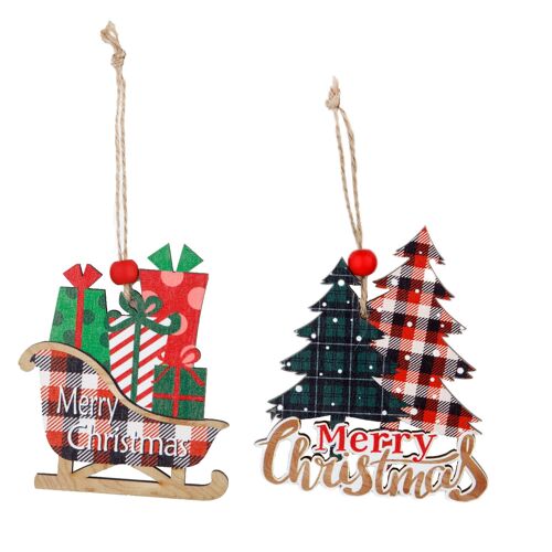 2 Petits Pendentifs en Bois de noel, décorations de Noël, Arbre de Noël Suspendus Accessoires, Rouge à Carreaux en Traîneau avec des Ornements Suspendus