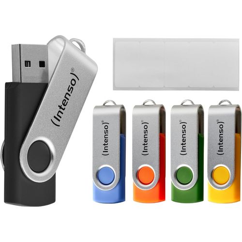 SUBZONAL-Basic Line Lot de 5 clés USB 2.0 16 Go avec étiquettes Pratiques, Jaune, Vert, Noir, Bleu Orange, avec Anse en métal argenté
