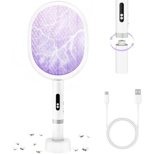 ASFASFq-Raquette Electrique Insectes 4000V 5 LED UV, Raquette Moustique Eelectrique USB Type-C 1800mAH, 3 Couches Filet Sécurité, Anti Moustique Puissant, pour Chambre, Jardin, Camping (Blanc,1PC)