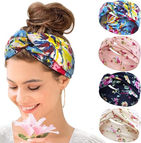 Bandeau Cheveux Femme, Headband Elastique Large Flower Headwear For Yoga Hair Bands Accessoire Cheveux 4 Pièces
