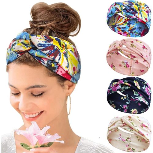 Bandeau Cheveux Femme, Headband Cheveux Femme Elastique Bandeau Femme Large Flower Headwear Yoga Hair Bands Accessoire Cheveux 4 Pièces