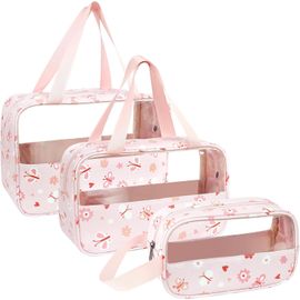 nzqaf-Trousse de Toilette Transparente 3 Pièces, Trousse de Toilette PVC Étanche pour Femme, Trousse de Maquillage Légère pour Voyage Set (Imprimé Rose)