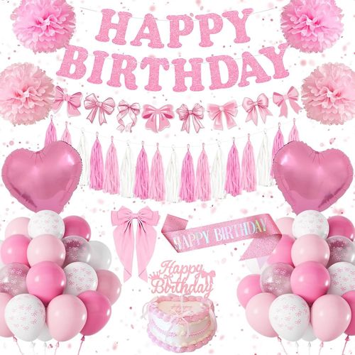 Decoration Anniversaire Fille Femme, Décorations Anniversaire De Fête N?ud Rose, Ballon Anniversaire Rose Blanc, N?ud Theme Bannière Joyeux Anniversaire, Pompons, Kit Party Deco Pour Enfants Filles