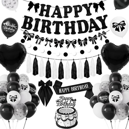 Decoration Anniversaire Fille Femme, Décorations Anniversaire De Fête N?ud Noir, Ballon Noir Blanc, N?ud Theme Bannière Joyeux Anniversair Kit Pour 13 16 18 21 30 40