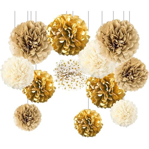 SJZG-Lot De 12 Pompons Papier De Soie Gradient Doré Pour Décoration Suspendre De Plafond De Fête,Decoration Table Bapteme,Decoration Mariage Boheme