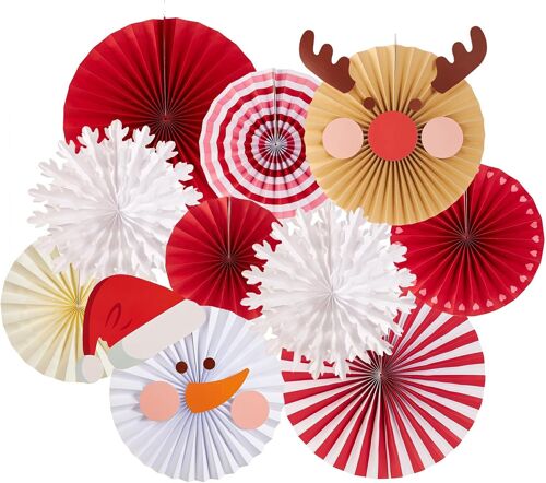 SJZG-Lot De 10 Éventails En Papier Pour Décoration De Fête De Noël, Bonhomme De Neige, Élan, Flocon De Neige, Rouge, Décoration De Noël, Anniversaire, Fête, Décoration De Table, Salle De Classe
