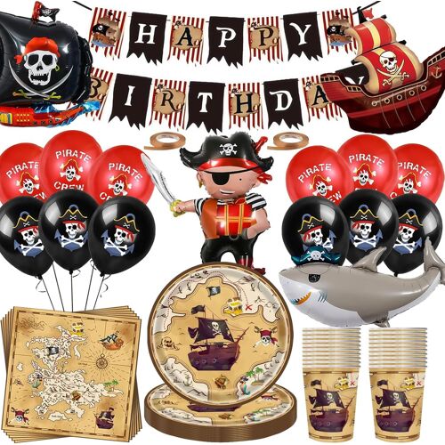 MEVRONISSHOP-Lot de 80 décorations de fête d'anniversaire pirates avec grand bateau pirate - Ballons en aluminium - Assiettes en carton de pirates - Tasses - Bannière - Ballons pirates - Décoration s