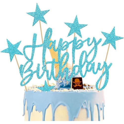 Ensemble de décorations de gâteau d'anniversaire bleu, décorations de gâteau ballon doré pour femme, décorations de gâteau joyeux anniversaire coeurs et étoiles pour fête d'anniversaire garçons filles