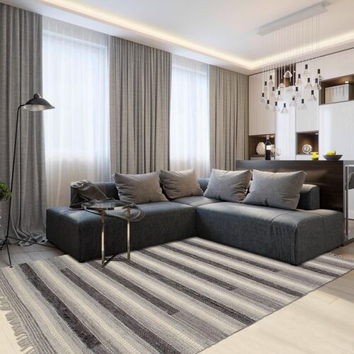 Tapis Kilim 120x170 Rectangle Fait Main En Pet Gris Et Noir Motif Géométrique