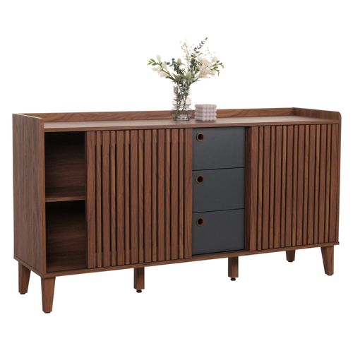 Sideboard Hwc-M48, Commode, Porte Coulissante Compartiment De Rangement, Bois Massif De Manguier Mdf 81x150x40cm   Aspect Noyer, Tiroirs Gris Foncé