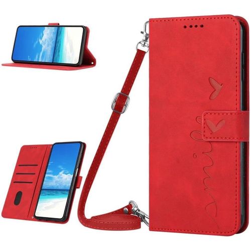 Kal-Coque Pour Xiaomi Redmi 13c/Poco C65, Etui En Cuir Pu Portefeuille Antichoc Flip Pour Poco C65 Avec Lanière [Fentes De Cartes] [Fonction Support] [Fermeture Magnétique] - Rouge