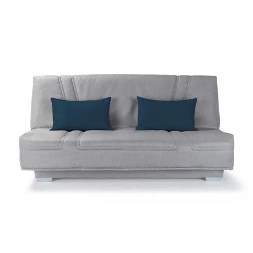 Banquette Clic-Clac Bultex - 3 Places - Tissu Gris + Coussins Déco Bleu - L193 X P95 X H101cm - Belynda