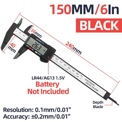 Pied à coulisse électronique pachomètre numérique en plastique grand écran jauge d'épaisseur outil de travail du bois Instruments de mesure pied à coulisse - Type Caliper Black 150