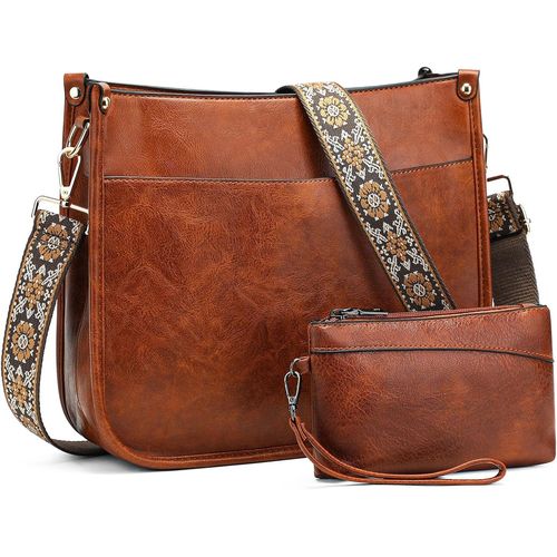 Sac à Bandoulière Femme Sac porté épaule avec Bandoulière Amovible Sac à main en Cuir PUFourre-Tout Portefeuille Set (Brun)