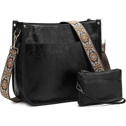 Sac à Bandoulière Femme Sac porté épaule avec Bandoulière Amovible Sac à main en Cuir PUFourre-Tout Portefeuille Set (Noir)