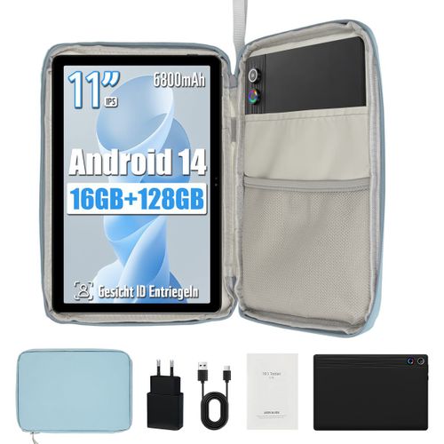 Tablette Tactile 11 Pouces Android 14 Octa-Core, 16Go RAM 128Go ROM extensible jusqu'à 1 To, HD 1280x800 IPS, Caméra 8MP + 5 MP, 5G+2.4G WiFi BT 5.0, 6800 mAh Batterie, avec Sac d'ordinateur Bleu