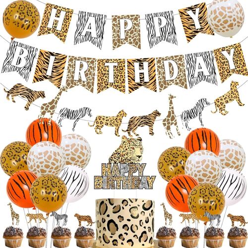 Chicslick-Décorations De Fête D'anniversaire Léopard Guépard Happy Birthday Guirlande De Gâteau Pour Garçons Et Filles Thème Animaux De La Jungle Safari[X2775]