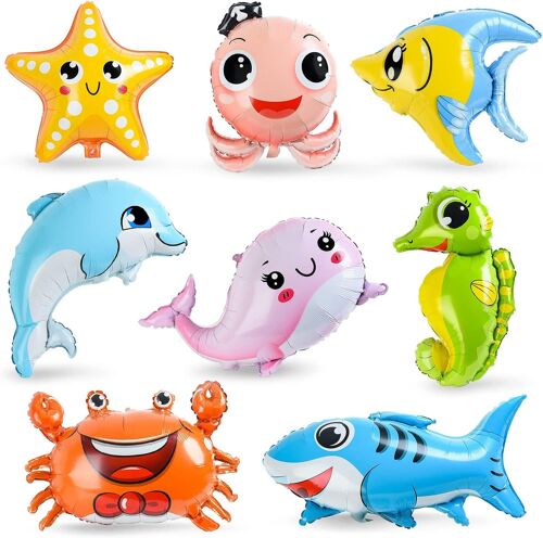 8 Pièces Marine Animal Ballons, Géant Poisson Ballons En Aluminium, Xxl Anniversaire Animaux Océan Ballons, Octopus Crab Starfish Feuille Ballon Sur Thème De L'Océan Fête Anniversaire Enfants