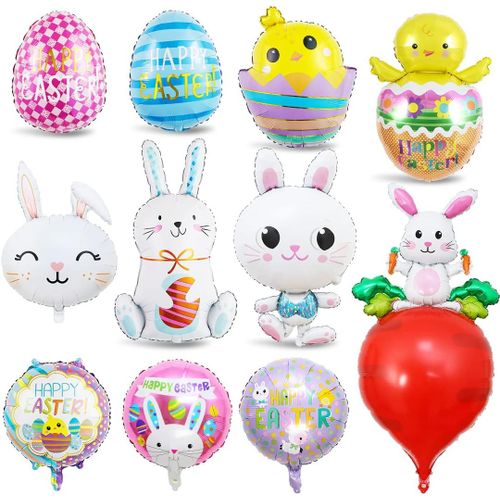 TEPPC-11 Pièces Ballons Lapin, Géant ?uf de Pâques Carotte Lièvre Ballon Anniversaire, XXL Poussin Helium Aluminium Ballons pour Mariages et Fêtes Enfants