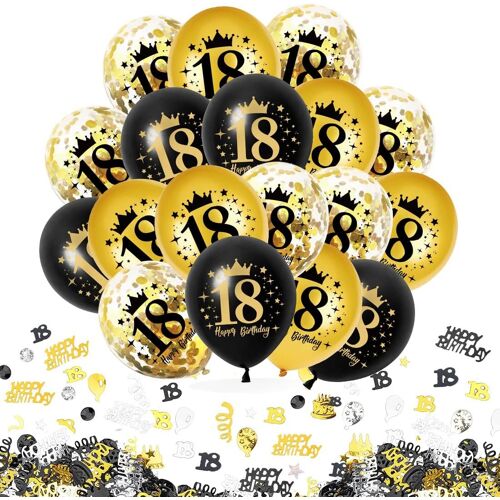 CAUC-30 Pièces Décoration 18e Anniversaire Noir Or - Ballons Avec Confettis, Chiffres 18 - Joyeux Anniversaire Pour Hommes Femmes