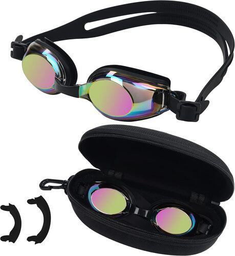 KALANKA-Lunette Piscine Enfant Noir - Lunettes Piscine Enfants et Jeunes Anti-UV et Anti-Buée avec Étui - 3 Ponts Nez Souple de Tailles Différentes - Sans Fuite et Ajustable - Pour Tous Nageurs