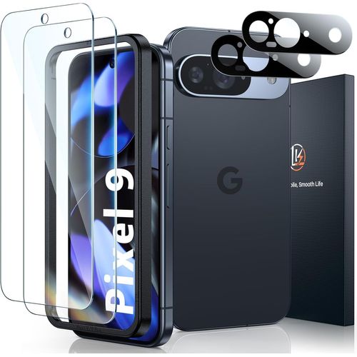 CAUC-Verre Trempé Compatible avec Google Pixel 9, 2PCS Vitre Protection Ecran et 2PCS Caméra Arrière Protecteur avec Cadre d'Installtion(Anti-Rayure,sans Bulles d'Air,9H Dureté,Ultra Clair)