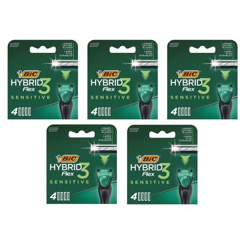 Bic Lot De 5 Box 4 Recharges Hybrid 3 Sensitive - Rasoir Système Homme - 3 Lames Mobiles 