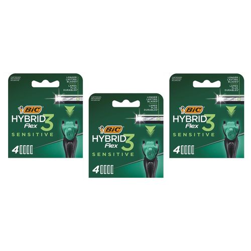 Bic Lot De 3 Box 4 Recharges Hybrid 3 Sensitive - Rasoir Système Homme - 3 Lames Mobiles 