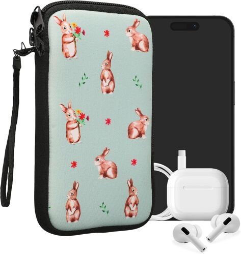 Pochette Souple En Néoprène Pour Téléphone 6,5"" - Lapins Et Fleurs Blanc, Marron Et Vert Gris