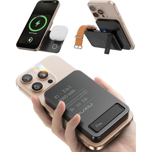 Batterie Externe Magnétique Power Bank, 15w 3 En 1 Chargeur Induction Sans Fil, 5.000mah Charge Rapide Powerbank Pliable Métal Voyage Pour Iphone 16 15 14 13 12, Pour Iwatch, Pour Airpods