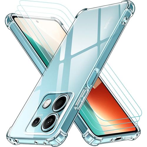 4 In 1 Case For Xiaomi Redmi Note 13 5g (Not For Redmi Note 13 4g) With 3 Pieces Tempered Glass, Transparent Shockproof Silicone Protective Case, Soft Tpu Anti-Scratch Bumper Cover