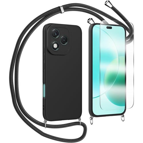 JGD-Coque Collier pour Honor 400 Lite, avec Verre Trempé Protection écran Silicone TPU Housse Étui de Téléphone avec Cordon Collier Tour de Cou Lanière pour Honor 400 Lite, Noir